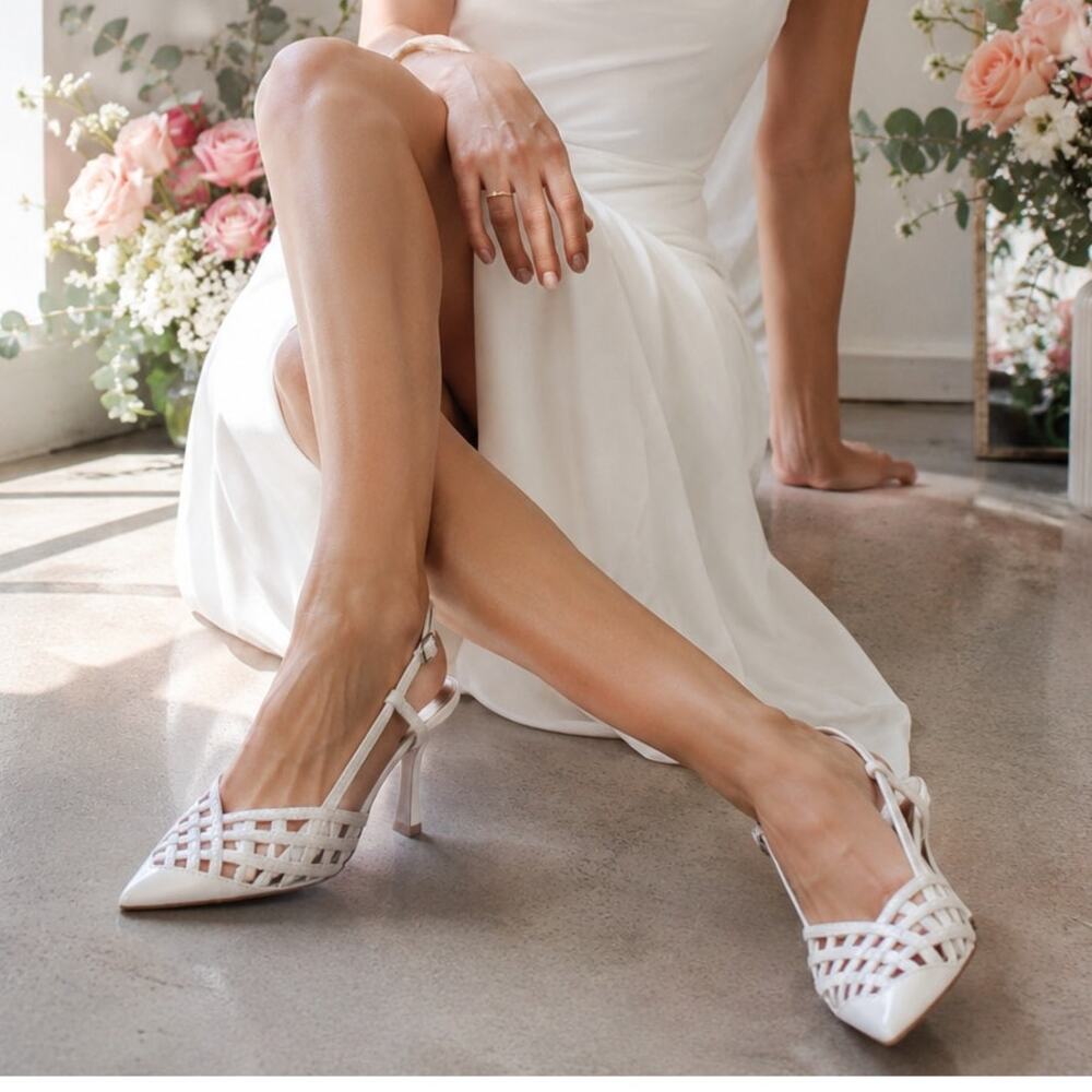 New Marc Fisher Heels 8.5M White Woven Pointed Toe Slingback Bridal Wedding - Picture 2 of 16